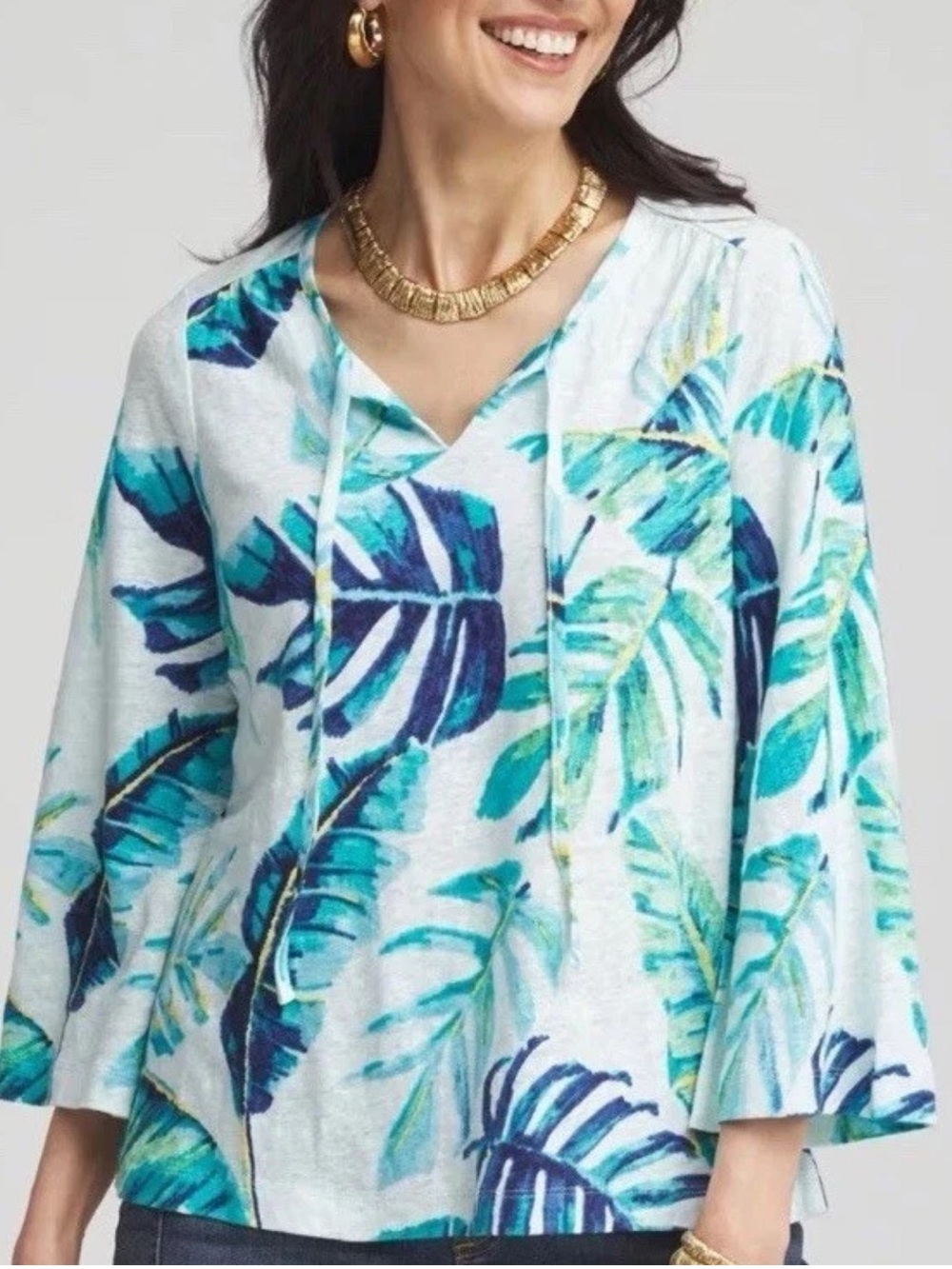 Chico's 3/4 Sleeve Linen Palm Shirred Seam Top in Paradiso Blue 00/XS New